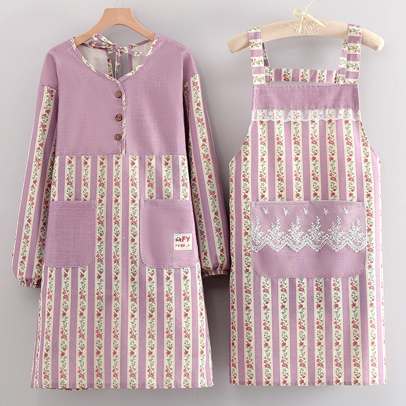 时尚田园碎花款厨房餐饮专用围裙女士蕾丝口袋长袖罩衣防污工作服