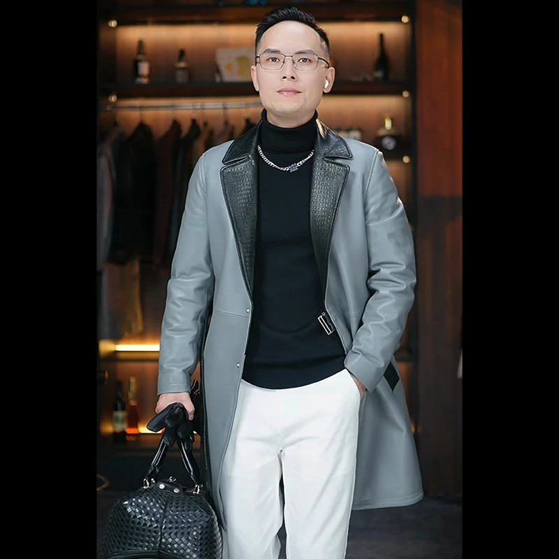 真皮羽绒服男士中长款海宁皮衣鳄鱼纹压纹翻领修身时尚秋冬外套男