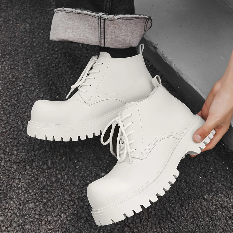 皮鞋男春季新款潮鞋百搭英伦厚底休闲白色防滑大头皮鞋马丁靴款