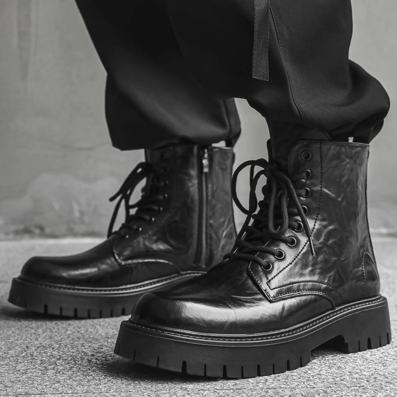 男款英伦风中帮皮鞋黑色增高休闲工装靴子棕色侧拉链马丁靴j加棉