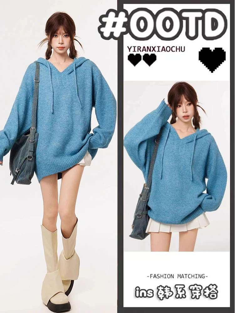蓝色时尚连帽套头针织毛衣女2024年冬带帽修身慵懒风宽松上衣外穿