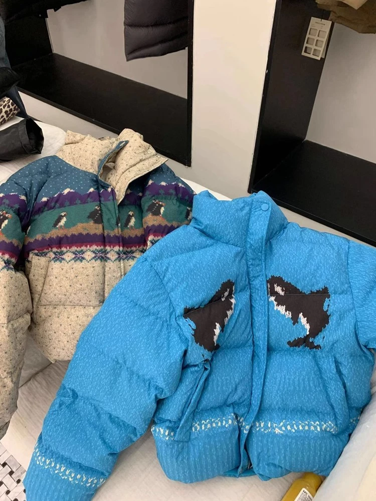 洋气独特别致蓝色立领海豚印花棉服女2024年新款冬季保暖短外套