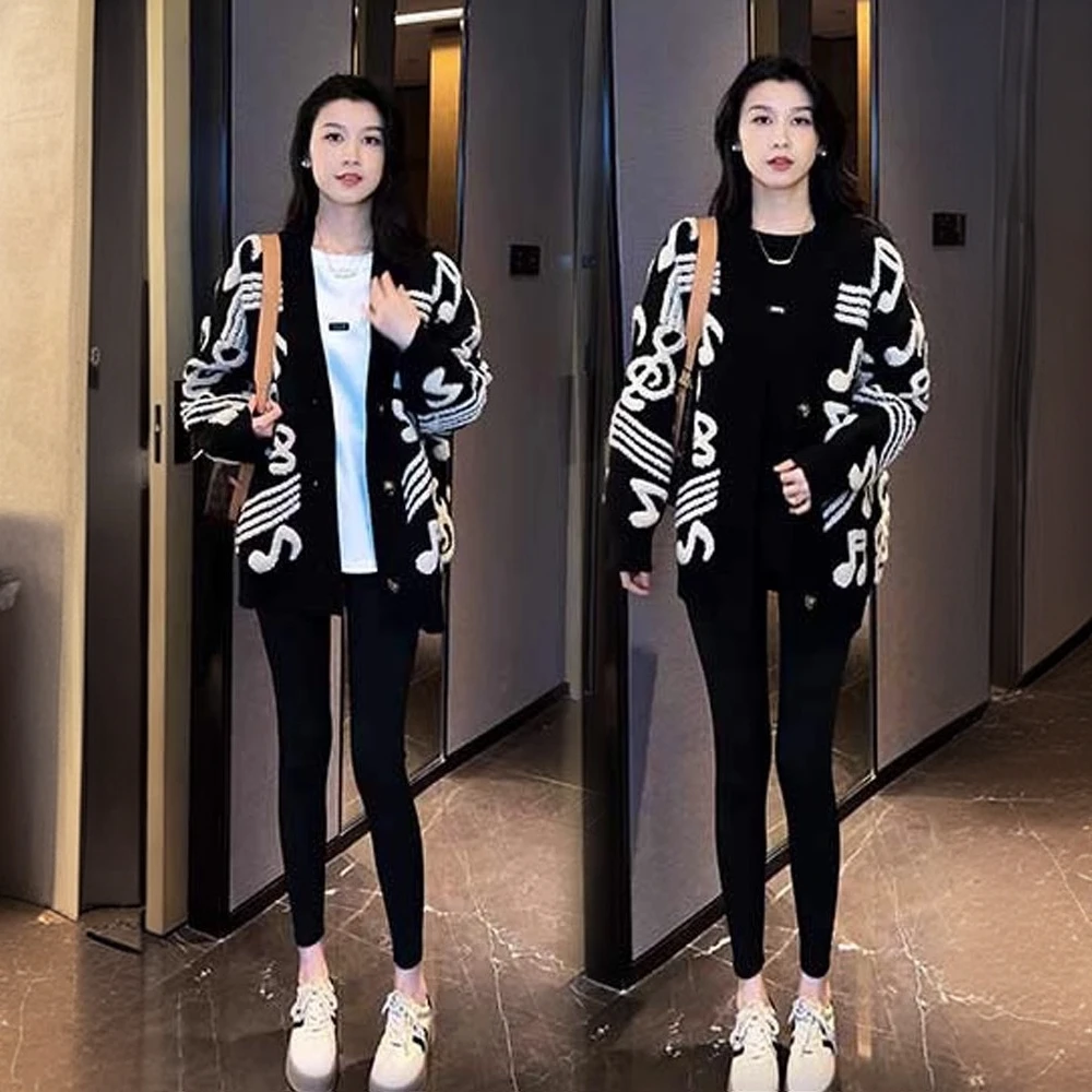 慵懒风时尚中长款针织衫女秋冬季毛衣开衫外套黑色长袖上衣外套潮