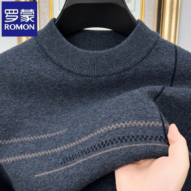 罗蒙条纹百搭圆领套头针织衫秋冬季爸爸装加厚打底衫休闲男士毛衣