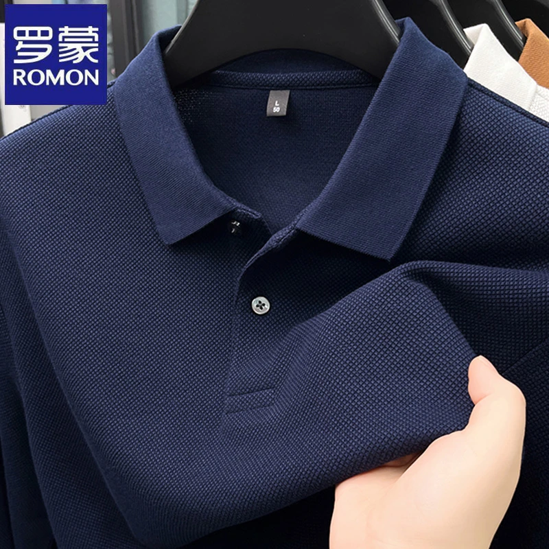 罗蒙高档纯色经典长袖翻领T恤春秋季宽松大码男士休闲Polo衫上衣
