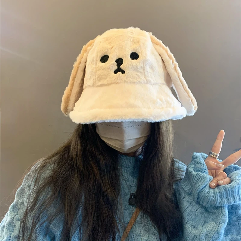 小狗耳朵渔夫帽子女秋冬韩版毛绒水桶帽可爱显脸小盆帽保暖帽学生