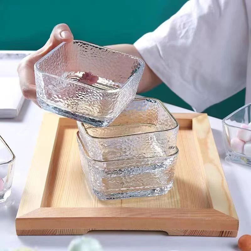 【8.9三只】锤纹四方玻璃碗甜品碗水果沙拉碗春节糖果盘味碟家用