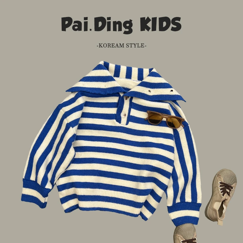 【派町现货】春秋儿童韩版时尚撞色条纹设计套头大翻领毛衣HYP1845
