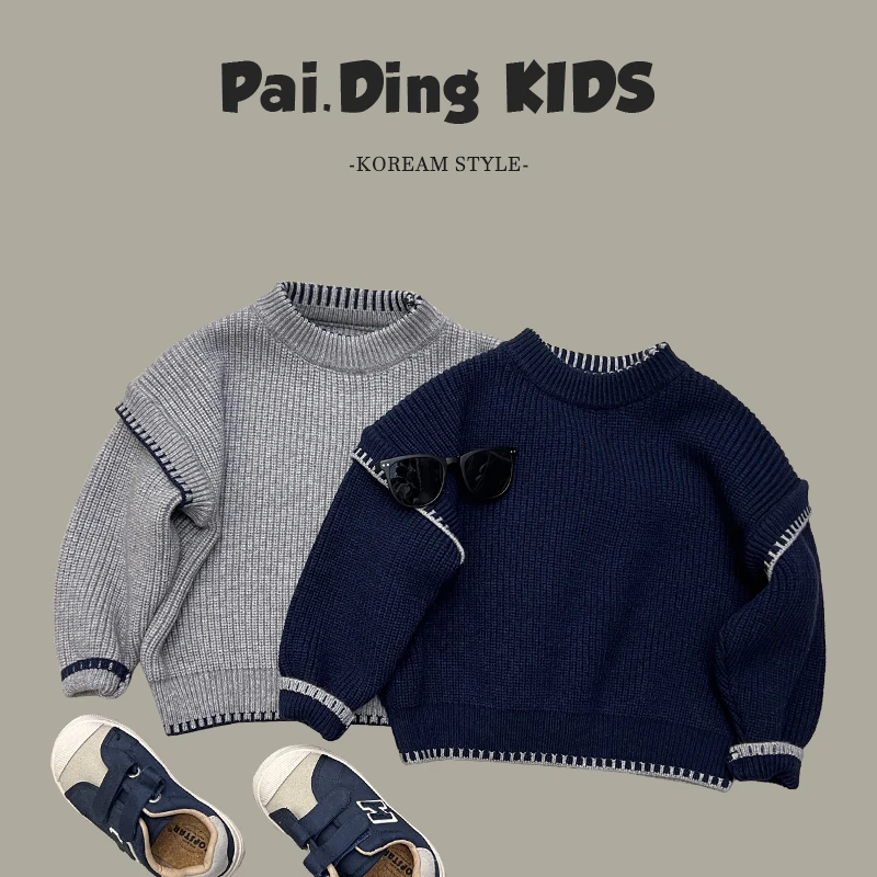 【派町现货】秋儿童韩版时尚撞色边假两件设计针织套头毛衣HCXZ3473