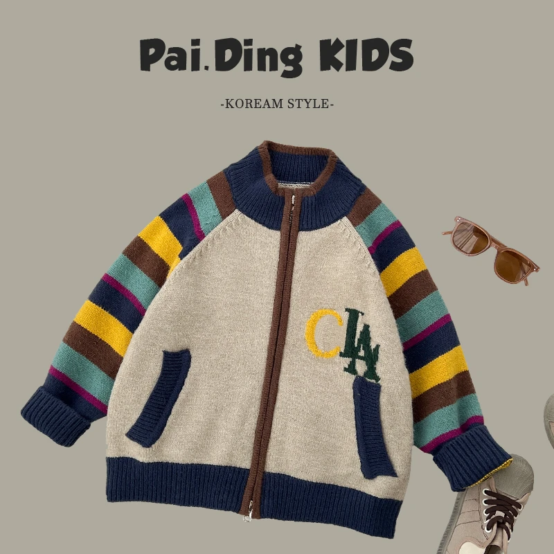 【派町】秋冬儿童韩版童趣撞色条纹拼接软糯毛衣拉链开衫SJ4837