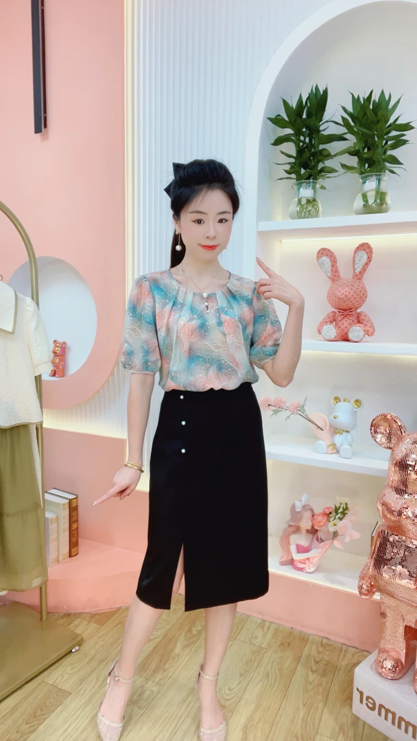 JUYA  梦幻星空领口珍珠装饰夏季气质碎花显瘦时尚圆领减龄上衣