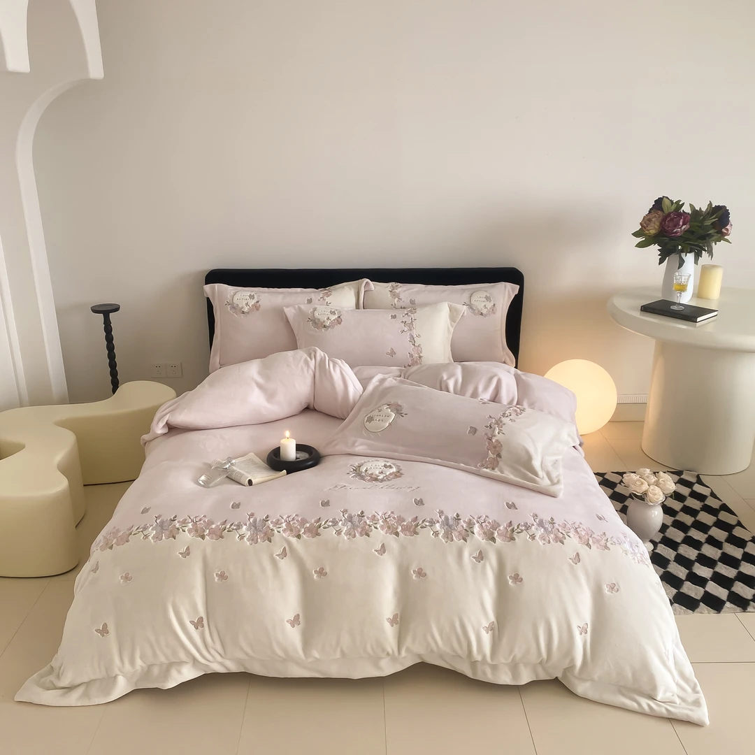 柔丝宇|茉莉 冬季牛奶绒四件套刺绣加厚保暖绒被套床上用品