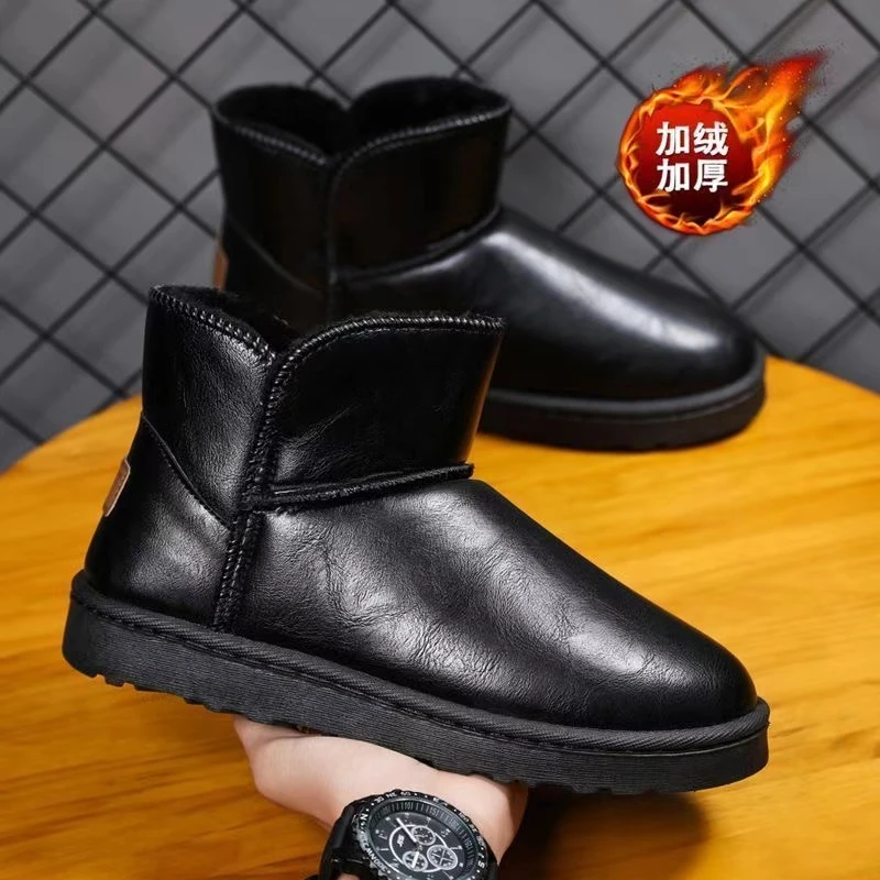 冬季新款雪地棉鞋男士加绒加厚户外保暖棉靴皮面防水防滑东北靴子