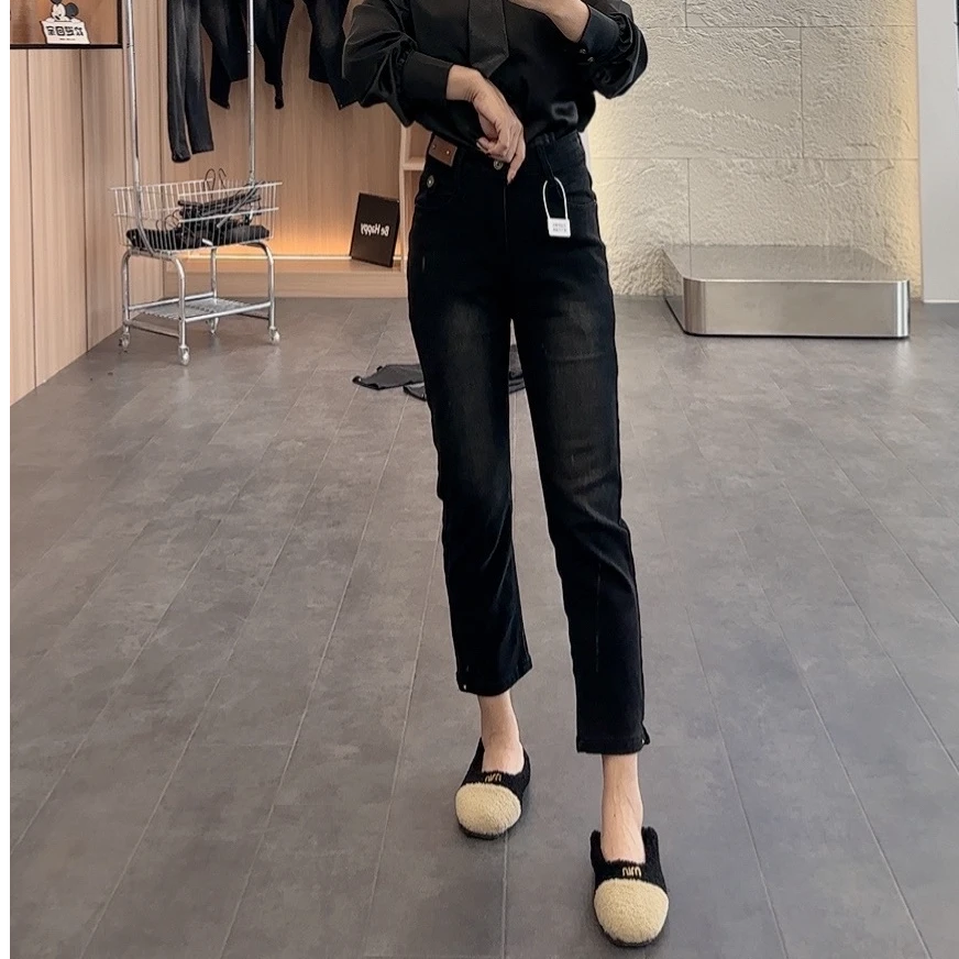 182植绒高腰直筒秋冬季黑灰色时尚百搭修身弹力八分显瘦牛仔裤女