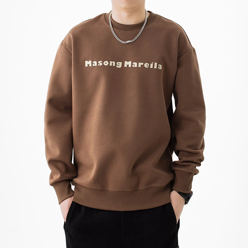 新款咖色圆领春秋男士美式字母印花宽松套头上衣休闲打底衫男卫衣