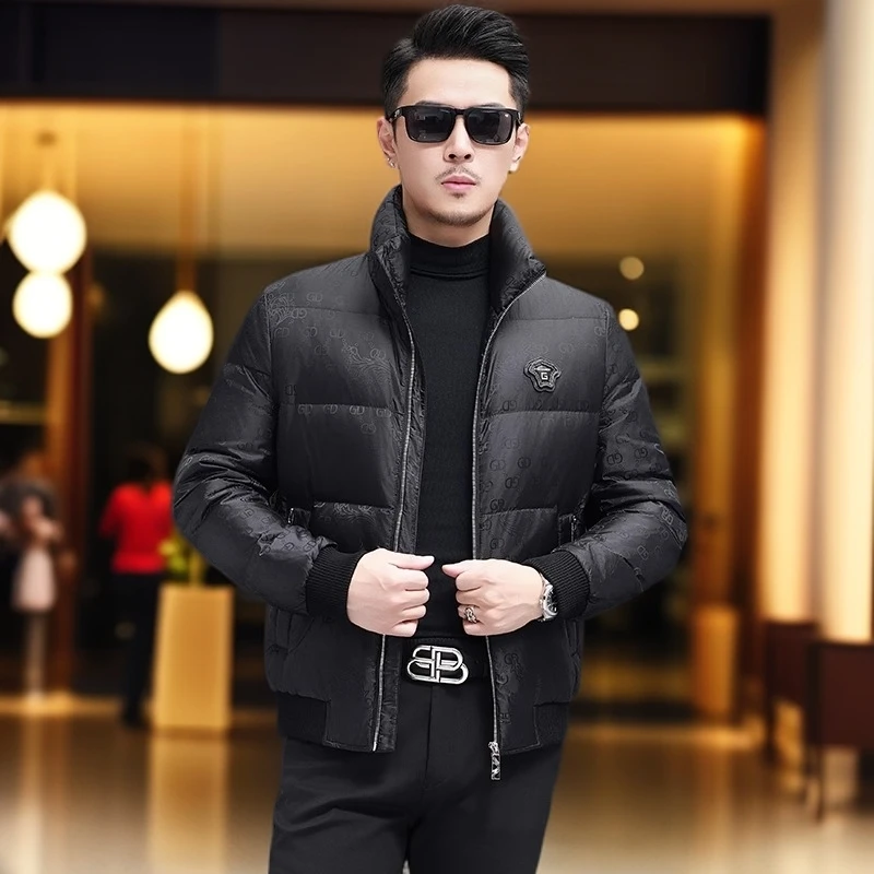 高端提花立领羽绒服时尚短款冬季保暖外套潮流休闲新款男装夹克