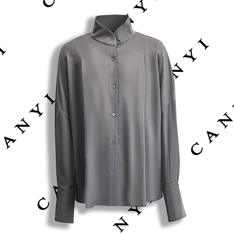 【璨衣】100%绵羊毛静奢优雅极简风高领立领衬衣衬衫4826