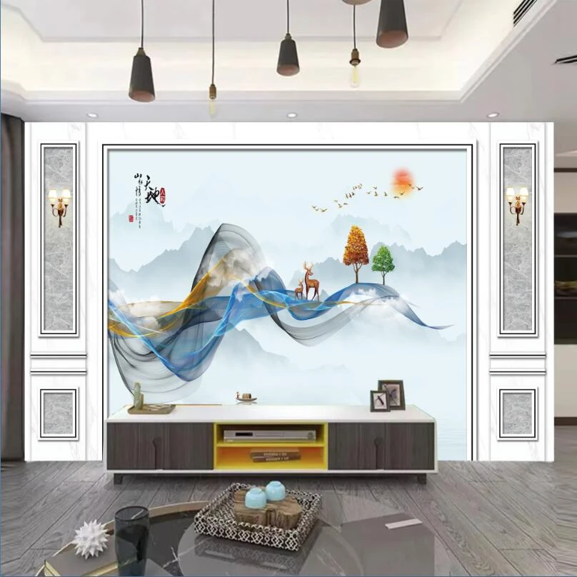 新现代简约欧式水墨画布料3D 9D 18D无缝立体背景墙壁画