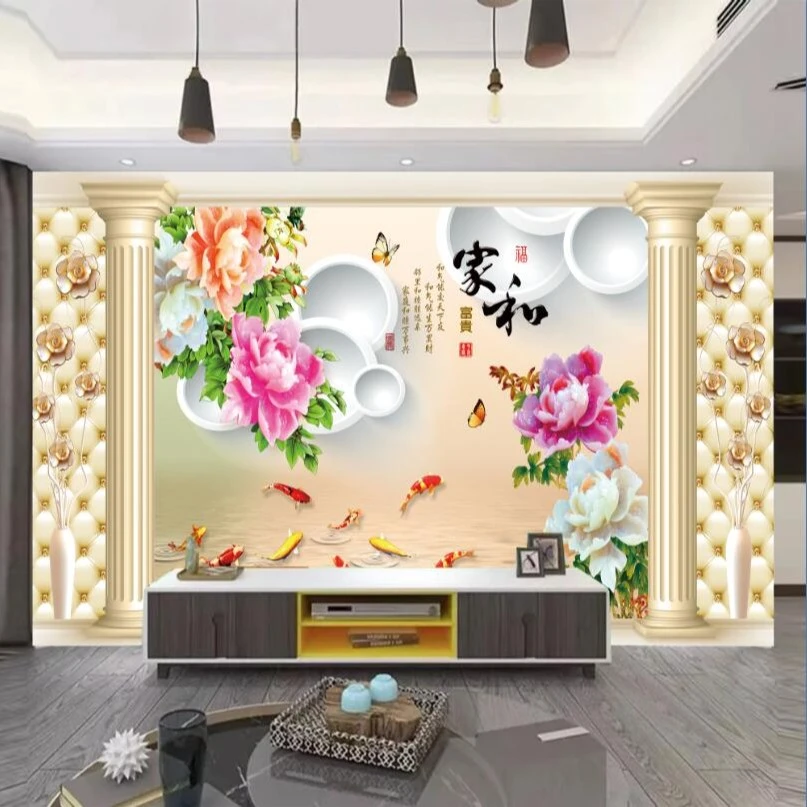 罗马柱家和玉雕牡丹花布料3D 9D 18D无缝立体背景墙壁画