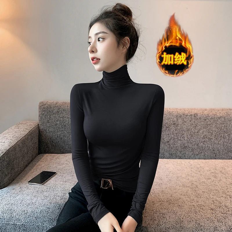 黑色加绒保暖高领打底衫女2024新款春秋冬内搭长袖中领修身上衣潮