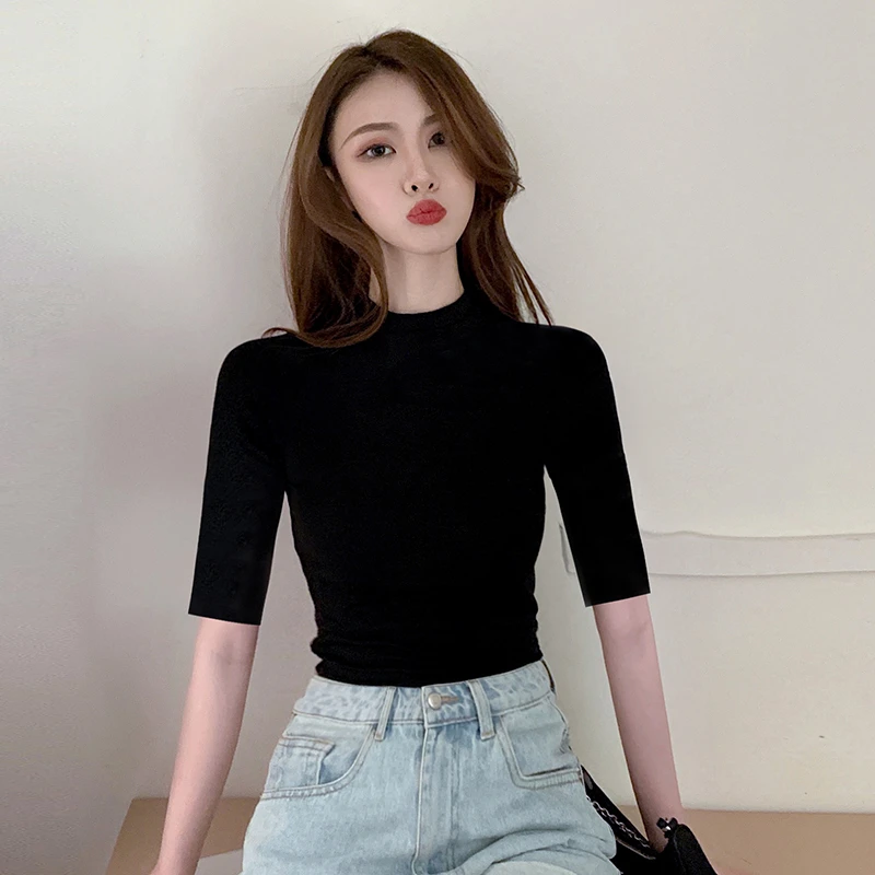 黑色半高领五分袖T恤女夏季中领修身显瘦紧身半袖七分袖体恤上衣