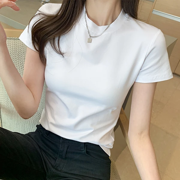 女士短袖t恤白色立领修身显瘦纯色高档基础款百搭上衣打底衫夏季
