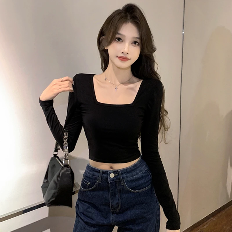 黑色短款紧身方领打底衫女露脐长袖体恤低领百搭高腰春季早秋上衣