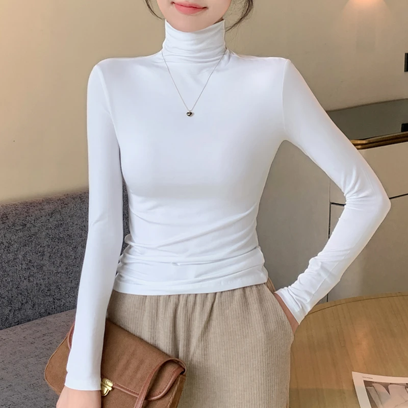 白色莫代尔高领打底衫女内搭2024新款秋冬紧身加绒洋气堆堆领上衣