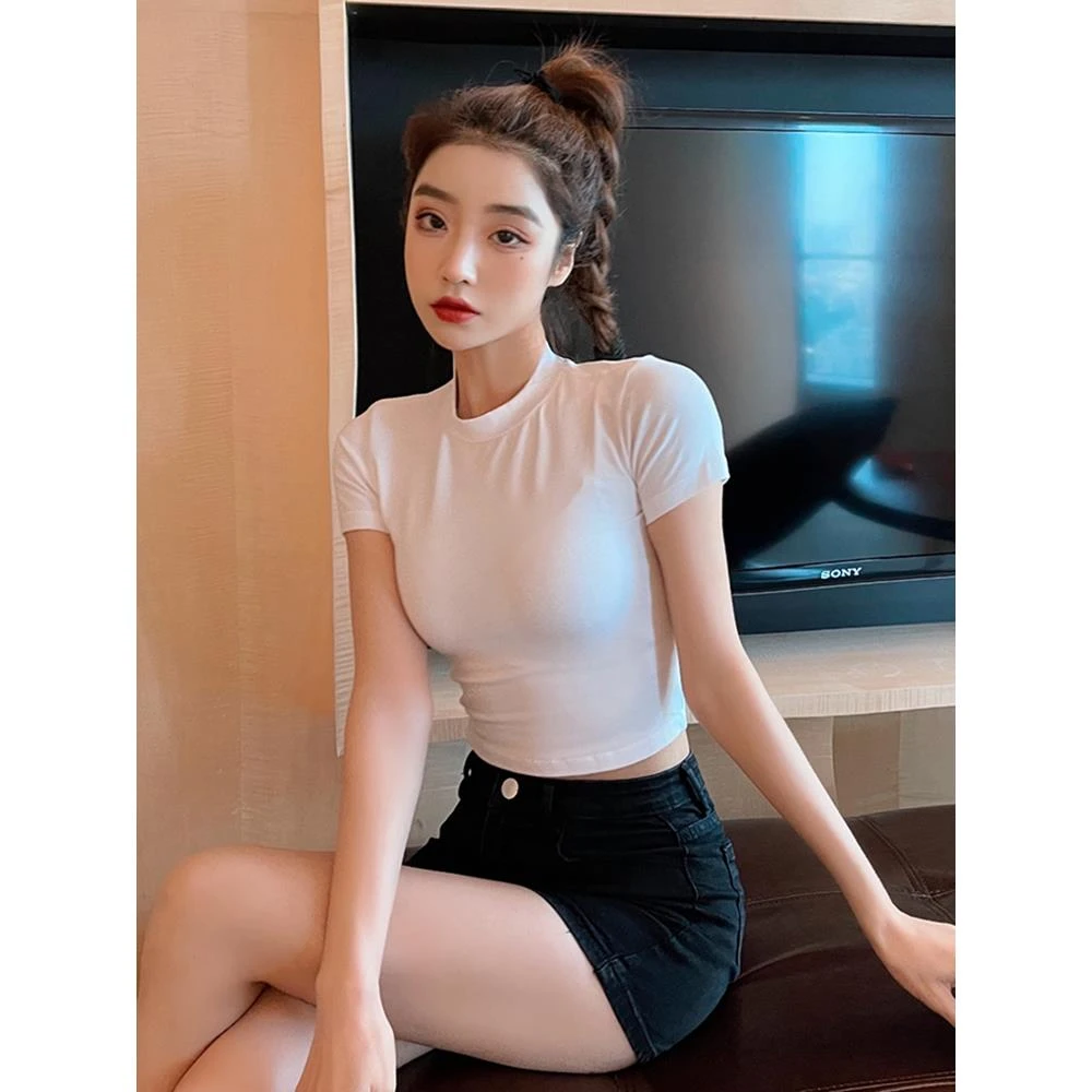 短袖恤女修身白色半高领露脐百搭高腰上衣性感显瘦夏季紧身小高领