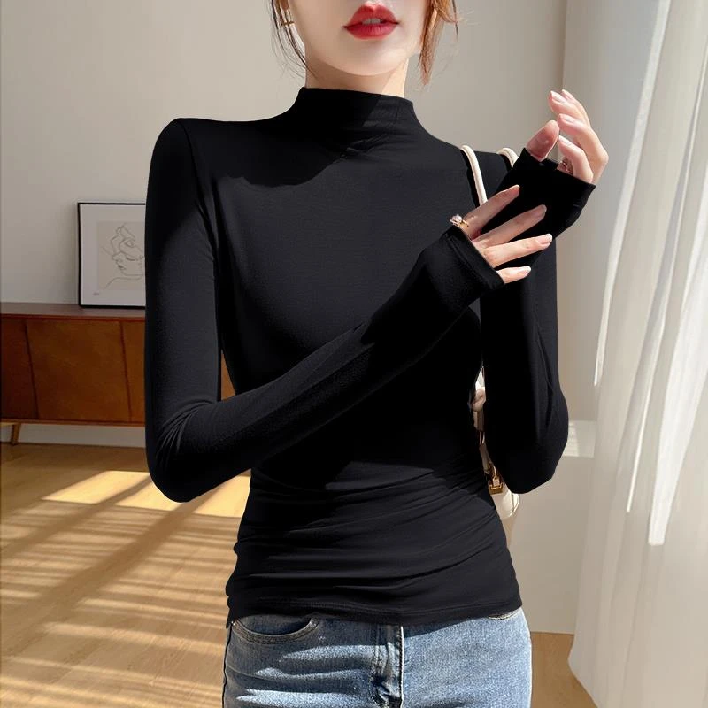 莫代尔半高领打底衫女秋冬内搭长袖恤修身显瘦黑色早秋薄款上衣