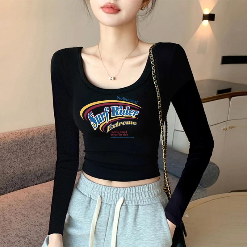 黑色短款露背长袖t恤女秋冬打底衫内搭紧身u领上衣别致小衫性感潮