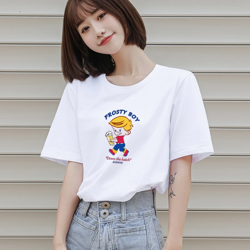 白色T恤女短袖宽松港式2023夏季新款百搭黑色基础款印花上衣显瘦