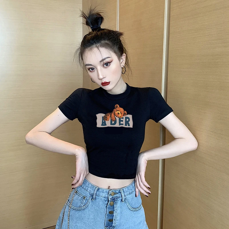 网红黑色大熊短款露脐短袖T恤女夏高腰爵士紧身漏肚脐装上衣ins潮