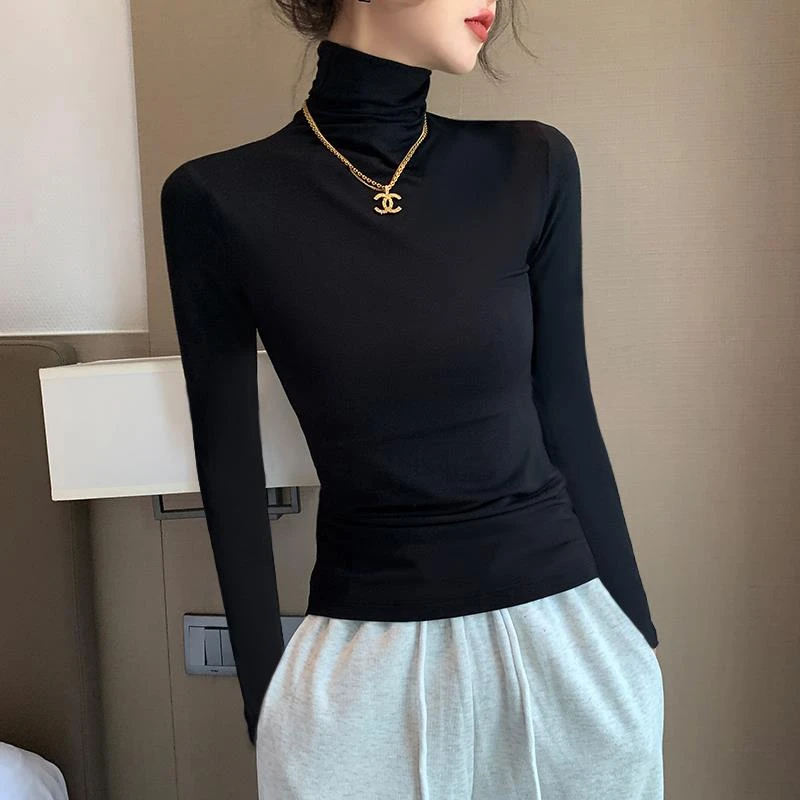 黑色莫代尔高领打底衫女内搭2023秋冬新款洋气长袖t恤堆堆领上衣