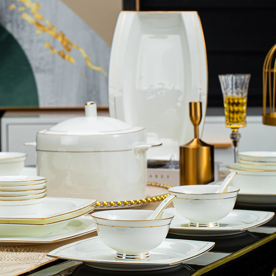 56件金镶玉景德镇高档餐具套装碗碟套装家用乔迁送礼碗碟盘组合