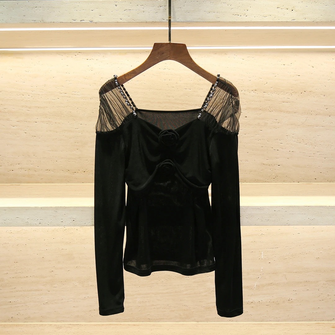 【caicai】名媛丝绒衬衫女新款方领玫瑰花网纱修身上衣LA6756