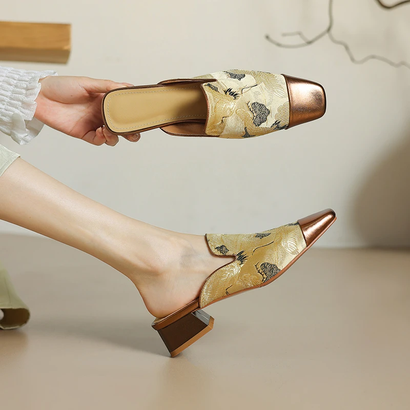 羊皮3.5cm/33-40码/夏季新款新中式国风复古粗跟包头拖鞋