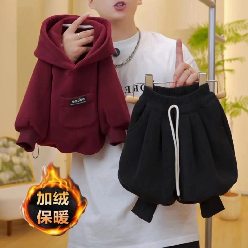 儿童套装秋冬新款宝宝加绒套头连帽卫衣时尚韩版宽松男童哈伦裤