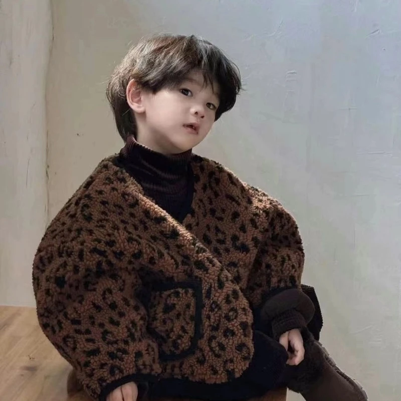 韩国童装小童儿童复古宝宝洋气时尚豹纹加绒加厚棉服外套秋冬毛绒