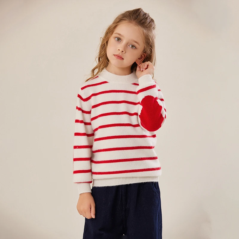 新款儿童加厚羊绒衫条纹长袖圆领时尚洋气针织衫打底衫保暖毛衣冬