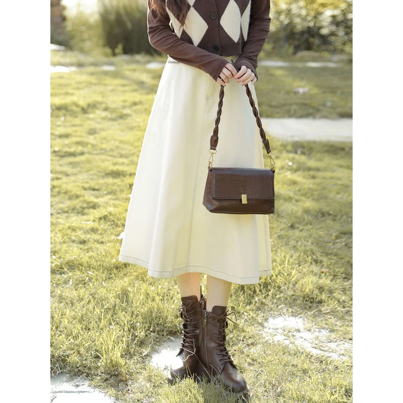 【清清】易易原创轻文艺 中长款半身裙女法式复古高腰显瘦a字裙子