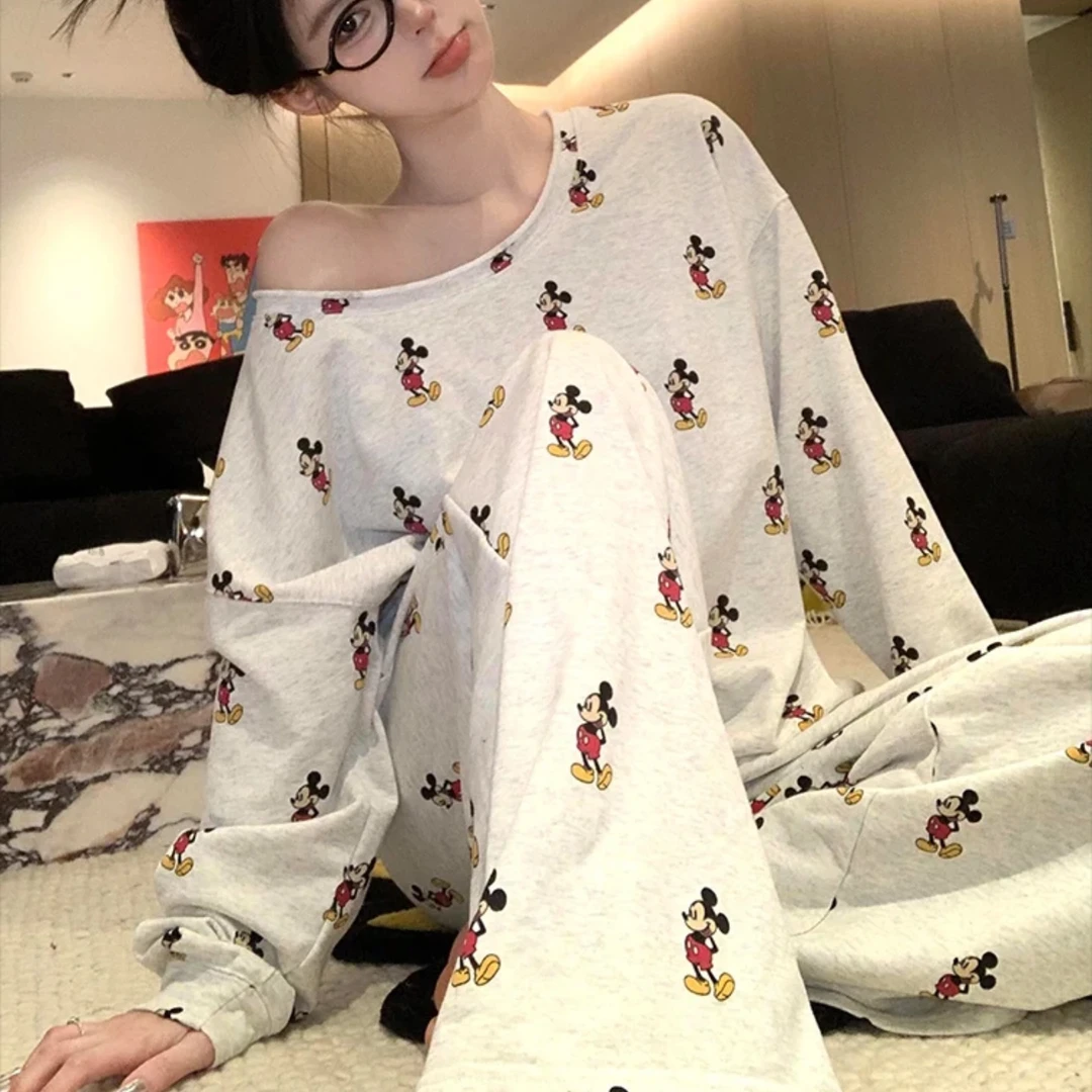 新款睡衣卡通女春季自带胸垫长袖家居服休闲宽松可外穿套装