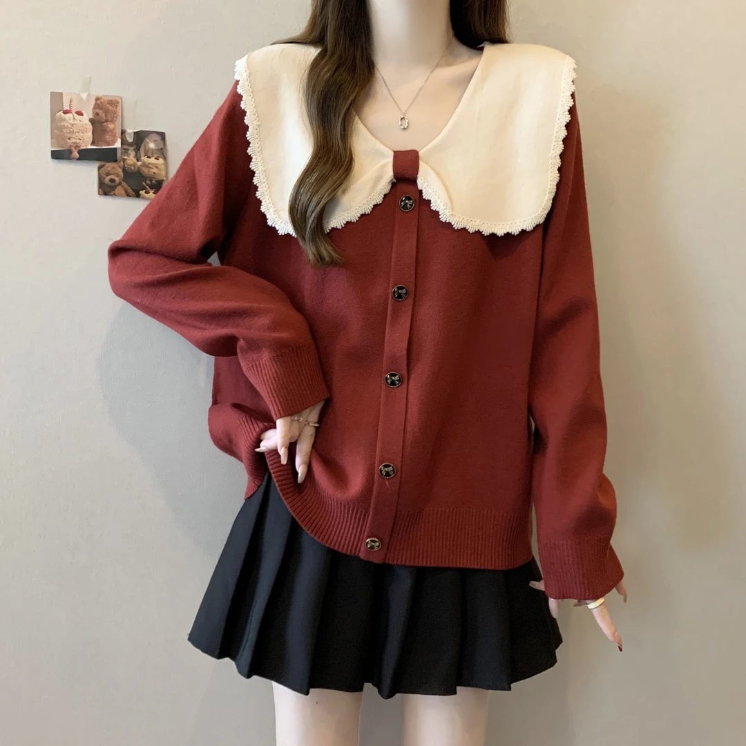 大码女装秋冬款爆款2025新款减龄撞色拼接蝴蝶结娃娃领毛衣针织衫