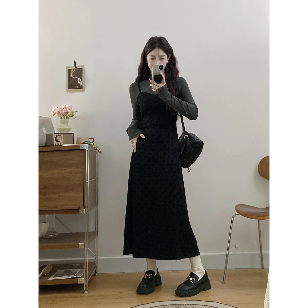 早秋女装2024新款大码假两件吊带连衣裙显瘦遮肚子微胖长款打底裙