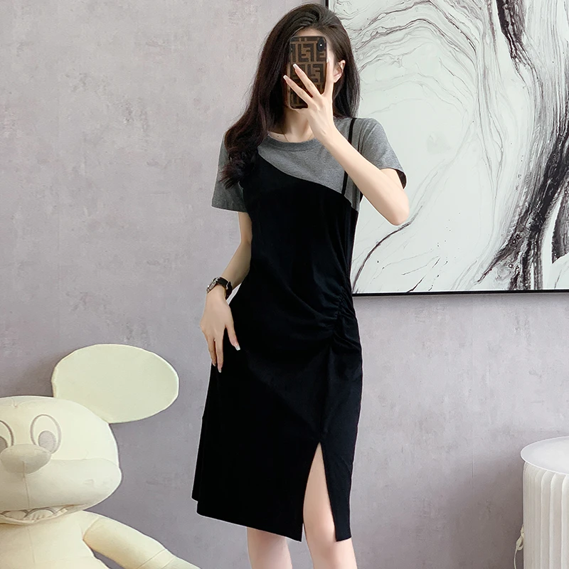 夏季女装大码宽松显瘦遮肉不规则拼接假两件中长款短袖t恤连衣裙