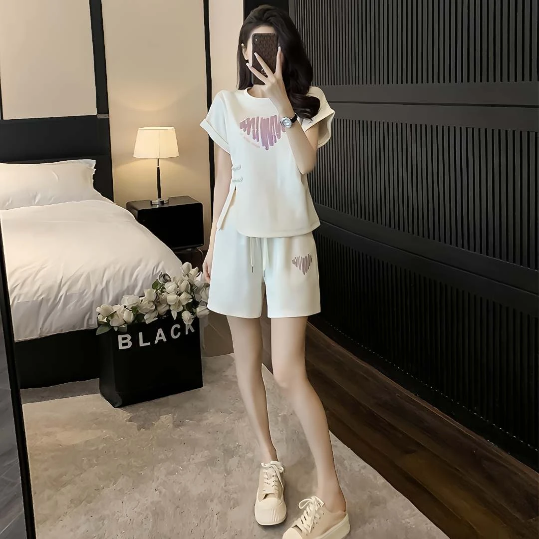 新中式国风盘扣减龄t恤时尚休闲运动套装夏季女装短袖短裤两件套