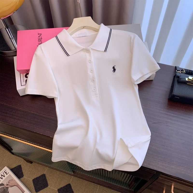 2024夏装polo领短袖T恤女生刺绣小众上衣简约日常休闲百搭薄款
