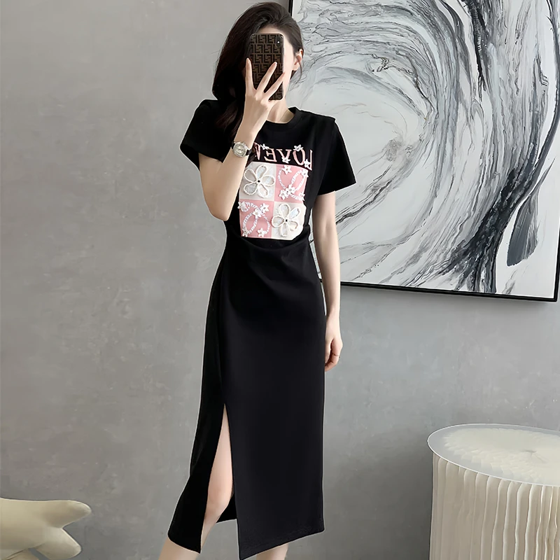 春夏超显瘦连衣裙女神穿搭夏装时尚气质开叉亮片钉珠休闲裙子女潮