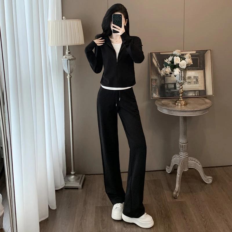 今年流行洋气新款休闲运动套装女假两件高级感修身卫衣阔腿裤两件