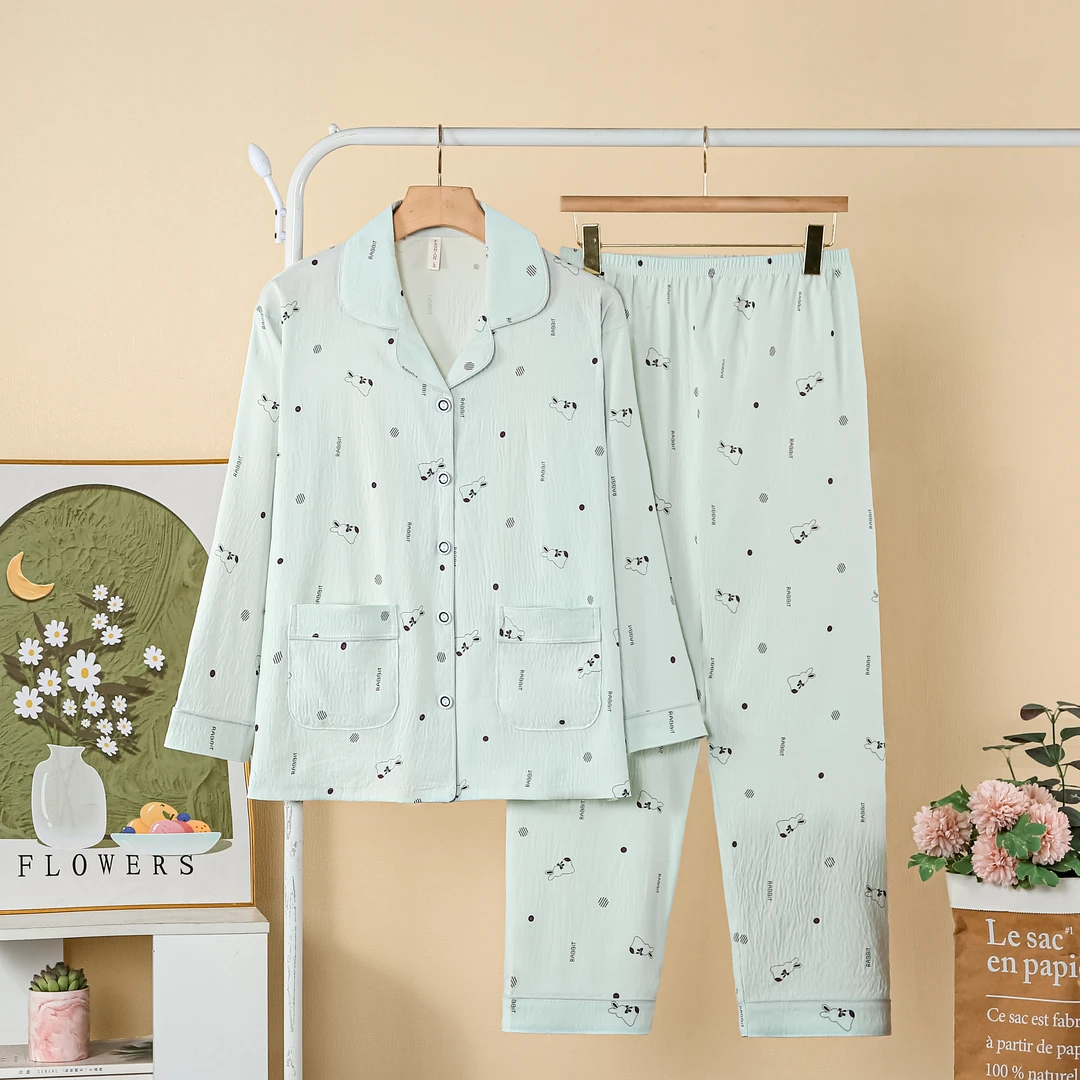 云朵棉睡衣春季女款宽松大码开衫长袖长裤春夏款宽松外穿家居服